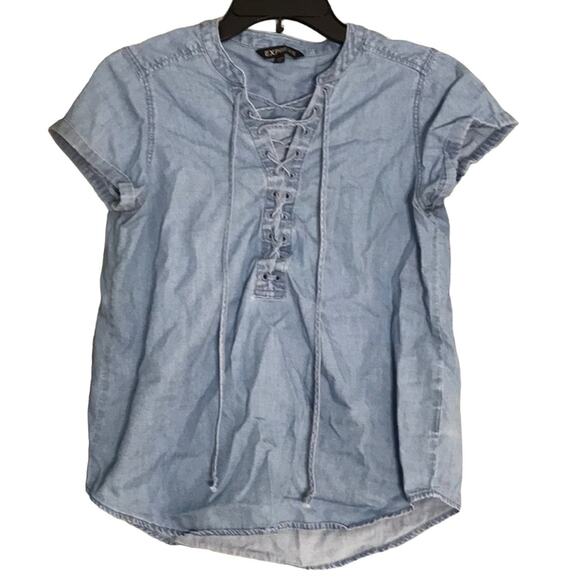 Express Blue Chambray Lace Up V Neck Blouse Top Short Sleeve - Picture 2 of 6